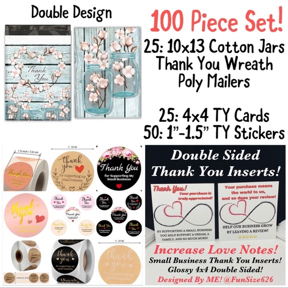 100PC!25 10x13 Cotton Thank You Wreath & Jars Poly Mailer Thank You Shipping Kit
